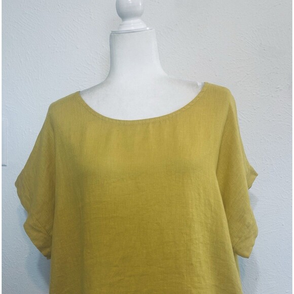 TERZO MILLENNIO Women Size L Mustard Linen Embroidered Top Timeless Lagenlook - Picture 2 of 9